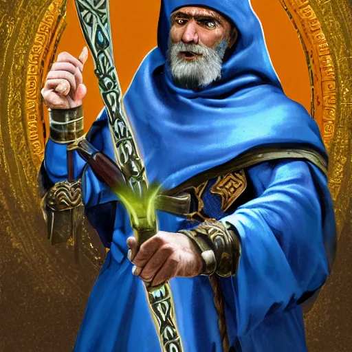 Image similar to blue-skinned ornate cleric holding a mace, casting a powerful spell, detailed background, dark environment, torches