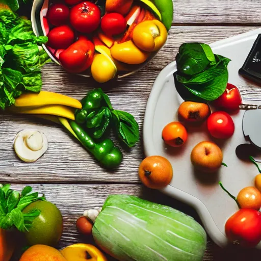 Prompt: film still of fresh fruits and vegetables making beats on fl studio