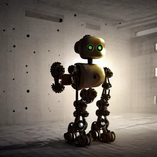 Prompt: cute little robot looking at a large wall, the wall is filled with gears and mechanical parts, nice golden light is shining down upon the cute little robot, 3d render, volumetric lighting, matt dixon style,