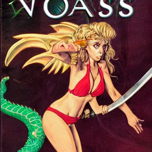 Prompt: 1 9 8 0 s fantasy novel book cover, a bimbo in a string bikini holds a huge sword and fights a dragon