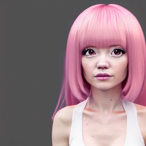 Image similar to A portrait of Nikki from Shining Nikki and Love, a cute 3d cgi toon young woman with long light pink hair, full bangs, hazel eyes, full face, light makeup, pale skin, Chinese heritage, cute outfit, medium shot, mid-shot, hyperdetailed, 8k, trending on artstation, as a Pixar character