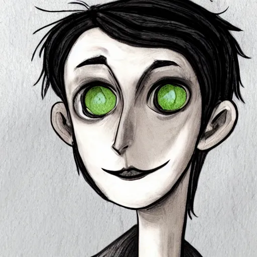 Image similar to young man portrait, black hair, skinny, sleep deprived, corpse bride art style