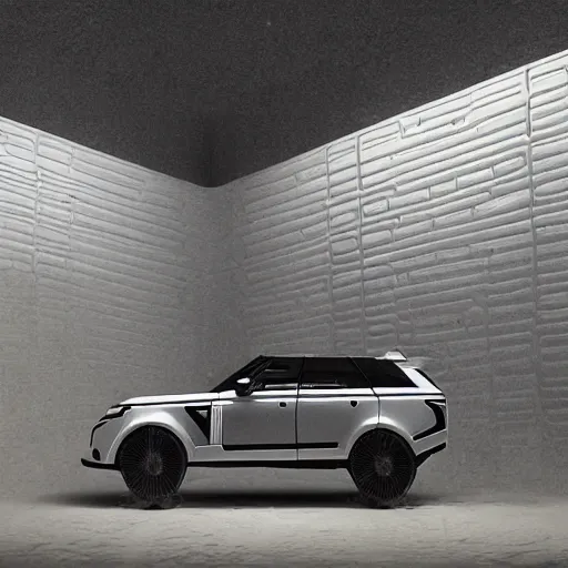 Prompt: sci-fi range rover and wall structure in the coronation of napoleon painting by Jacques-Louis David in the blade runner 2049 film and point cloud in the middle and everything in form of zaha hadid architects artwork by caravaggio unreal engine 5 keyshot octane lighting ultra high detail ultra hyper realism 8k 16k in plastic dark tilt shift full-length view