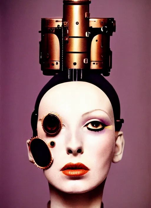 Prompt: photography of beautyful female android steampunk by irving penn,