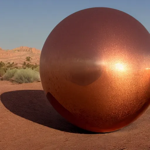 Image similar to a large copper ball with a mirror finish site in the arizona desert, photorealistic