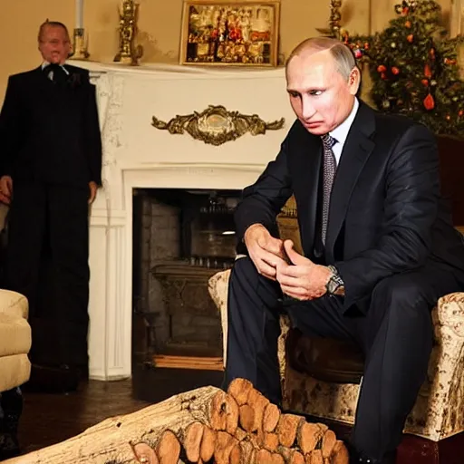 Image similar to vladimir putin in a waistcoat staring at a log fire photograph newspaper award winning