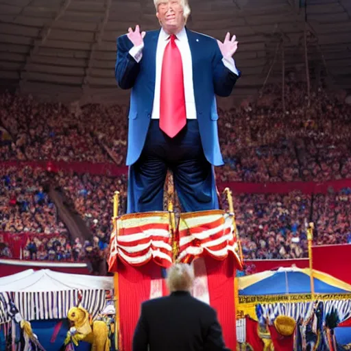 Prompt: Donald trump tallest man in the world being showed off at a circus