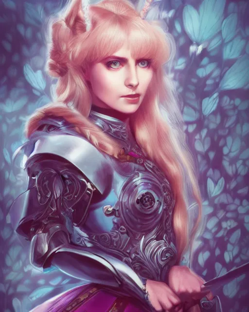Image similar to Alice in wonderland as Malenia Blade of Miquella, Elden ring aesthetic, blond hair, wearing armor, falling hearts, flowers, artgerm, WLOP, Ross Tran