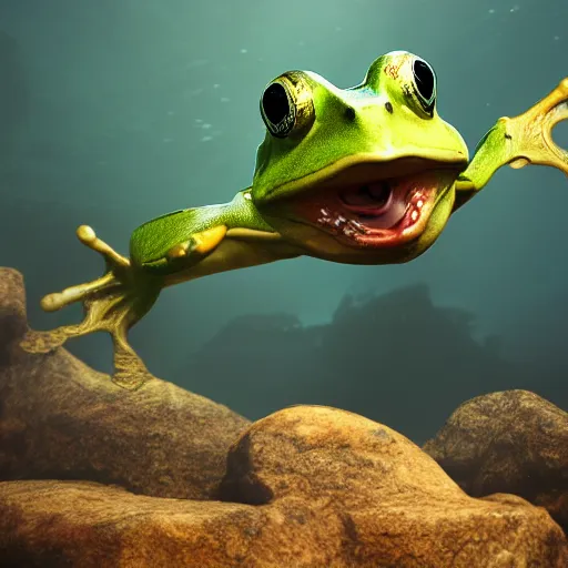 Prompt: a jumping fish eating a frog, unreal engine 5, realistic, concept art,