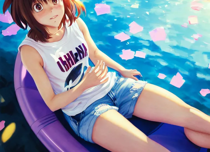 Image similar to closeup portrait of ochaco uraraka from my hero academia relaxing in jeans and a t - shirt on a floating pool chair, sunny, bright, reflections, intricate, sharp focus, lens flare, bloom, illustration, highly detailed, digital painting, concept art, matte, art by ruan jia and wlop and greg rutkowski, masterpiece