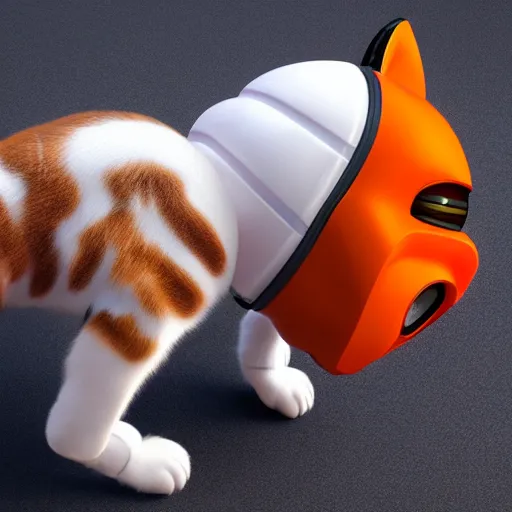 Prompt: 3 d rendered hyper realistic hyper detailed calico cat droid wearing an orange cat - shaped darth vader helmet, octane render, blender, 8 k