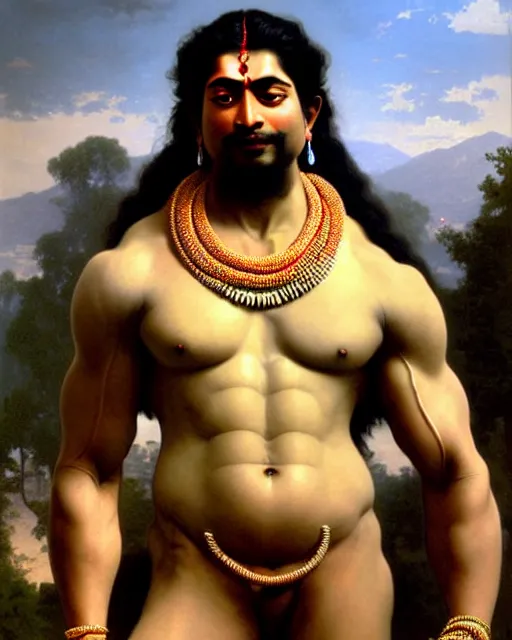 Prompt: amazing lifelike award winning realistic illustration of Angry muscular hindu God Shiva wearing sheshnaag around his neck in style of William-Adolphe Bouguereau, shiva body builder, blue skin, pumped biceps and abs, sitting on tiger skin, Himalayas in the background, hypermuscular, trending on artstation, artgerm, Greg rutkowski, alphonse mucha, cinematic, epic Lighting, photorealistic, Octane render, Unreal Engine, Art nouveau