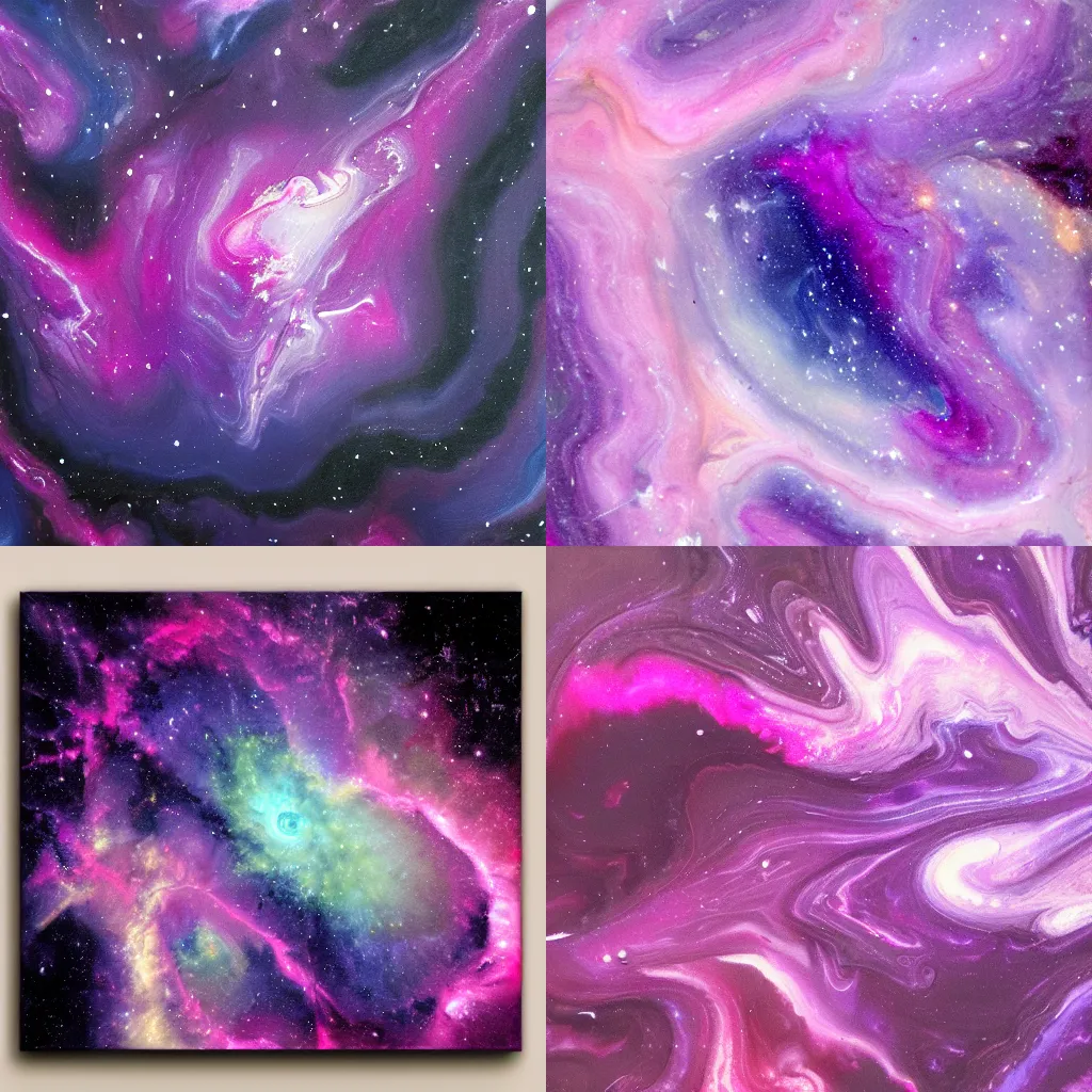 Prompt: painting of a pink and purple paint pour, marbling, very detailed, 8k 4k, cosmic nebula, alien worlds
