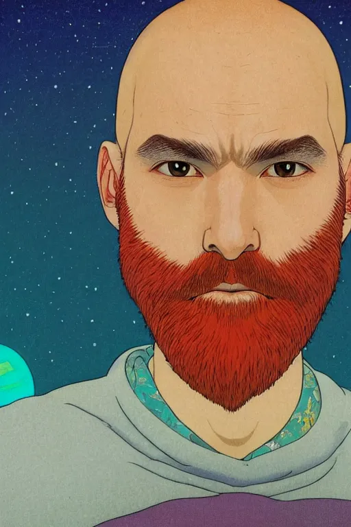 Prompt: a colorful closeup portrait of a handsome young bald man with a very long wild beard dreaming psychedelic hallucinations in the vast icy landscape of antarctica, by kawase hasui, moebius and edward hopper, colorful flat surreal design, hd, 8 k, artstation