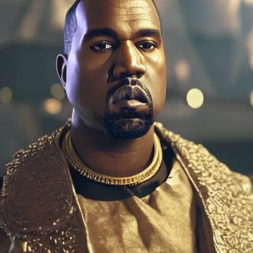 Image similar to Kanye West as Emperor Napoleon in Fallout New Vegas, splash art, movie still, cinematic lighting, dramatic, octane render, long lens, shallow depth of field, bokeh, anamorphic lens flare, 8k, hyper detailed, 35mm film grain