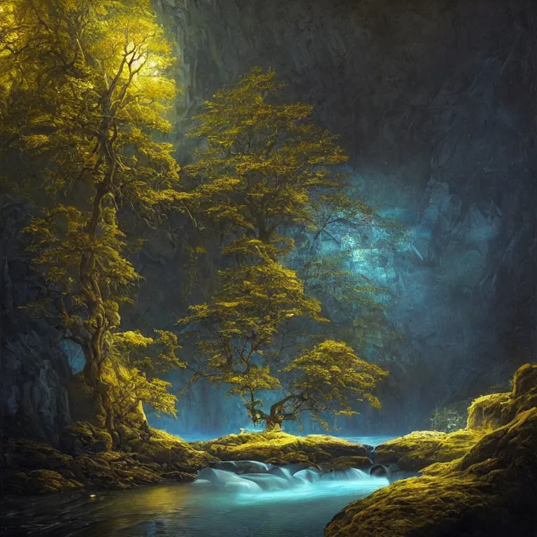 Image similar to A beautiful, highly detailed, very realistic oil painting of a single tree with rainbow leaves, next to a small river, glowing bright blue in the middle of a huge, very dark cave, with lots of dark grey rocks, oil painting by Greg Rutkowski, golden color scheme.