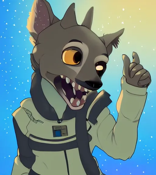 Image similar to full body digital artwork of furry female hyena, in style of zootopia, fursona, furry, furaffinity, deviantart, wearing astronaut outfit, floating in space