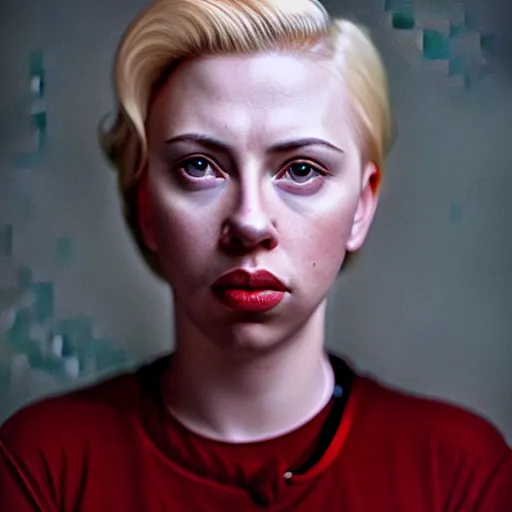 Image similar to realistic expired kodak film portrait of albino scarlet johansson, hyperrealism, photorealistic, detailed, atmospheric, 8 k, award winning photography, cinematic