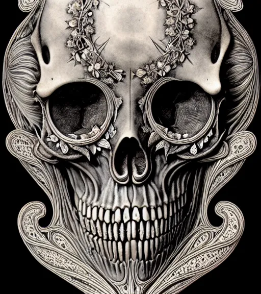 Image similar to art forms of nature by ernst haeckel, memento mori by arthur rackham, ornate antique porcelain beautiful skull mask, ultrasharp, photorealistic, hyperdetailed, octane render, polished, art nouveau, neo - gothic, gothic, intricate ornamental organic filigree, art nouveau botanicals, art forms of nature by ernst haeckel, horizontal symmetry, symbolist, visionary