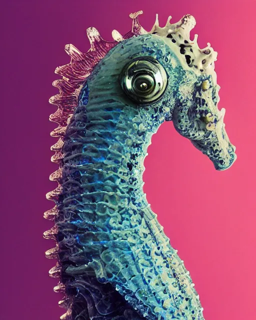 Image similar to natural light, soft focus portrait of a cyberpunk anthropomorphic seahorse with soft synthetic pink skin, blue bioluminescent plastics, smooth shiny metal, elaborate ornate head piece, piercings, skin textures, by annie leibovitz, paul lehr