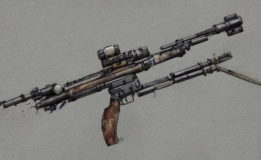 Image similar to concept art of a sniper rifle in futuristic, fantasy, steampunk, pinterest, artstation trending, behance, watercolor, by coby whitmore, silver, laser light,