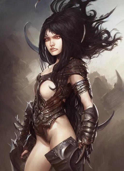 Image similar to beautiful warrior lady, black long hair, practical armor, brown skin, demonic eyes, low fantasy, extremely detailed, sharp focus, smooth, digital illustration, by rossdraws, frank franzzeta, sakimichan