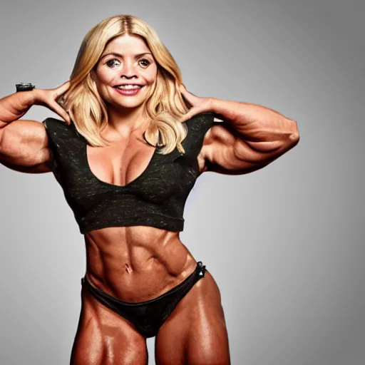 Image similar to holly Willoughby with the physique of a body builder, hyper realistic, ultra detailed, cinematic, dynamic lighting, photorealistic, refined, intricate, digital art, digital painting, masterpiece, 8k