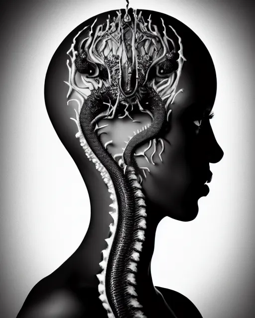 Prompt: a black and white high quality photo of a young beautiful female queen-dragon-cyborg bust with a very long neck and Mandelbrot fractal face, Mandelbrot fractal skin, flesh, anatomical, facial muscles, veins, arteries, elegant, highly detailed, flesh highly baroque ornate, hair are wired cables, elegant, high fashion, rim light, octane render, in the style of Diane Arbus, Realistic, Refined, Digital Art, Highly Detailed, Cinematic Lighting, rim light, black and white, photo-realistic, 8K
