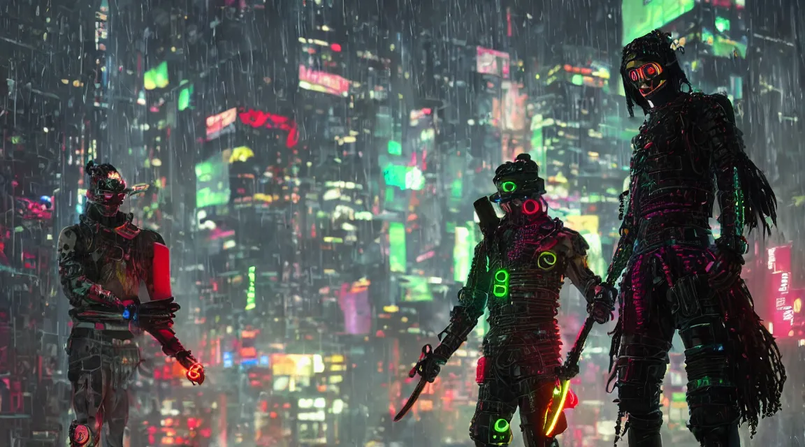 Image similar to cyberpunk samurai, wearing fluorescent clothing, glowing katana, rain, octane render, unreal engine