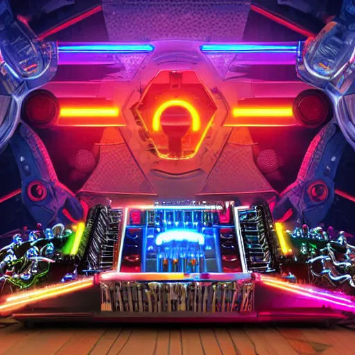 Image similar to album art, the band name is robo rock, trance music band with 3 steampunk robots on a dj desk with a cd mixer, 8 k, flourescent colors, halluzinogenic, multicolored, exaggerated detailed, front shot, 3 d render, octane