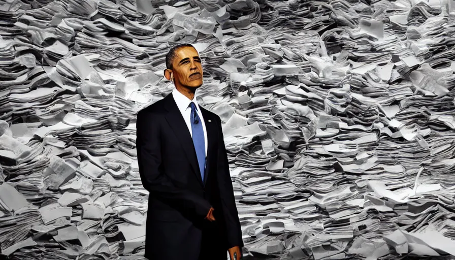 Prompt: cnn news footage taken from above. obama standing next to a mountain made of papers.