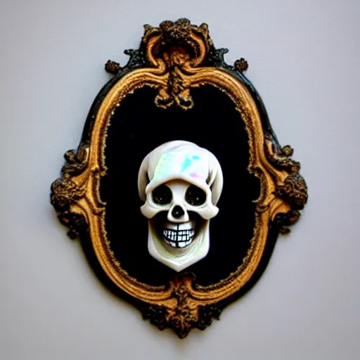 Image similar to skull, rococo decoration with gothic border, made of boulder opal