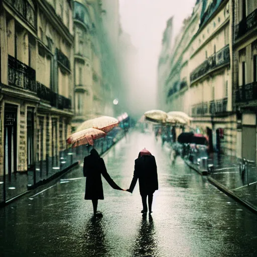 Image similar to street of paris photography, night, rain, mist, lovers holding hands, cinestill 8 0 0 t, in the style of william eggleston