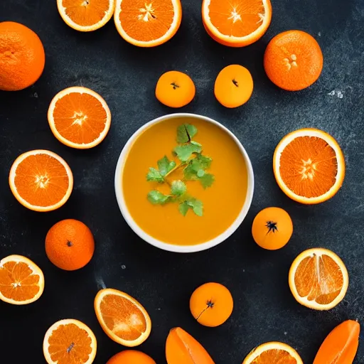 Prompt: soup [ made of oranges ]!!, trending on unsplash, [ 4 k photorealism ]!!, professional photography, [ overhead view ]!, shot by jimmy nelson