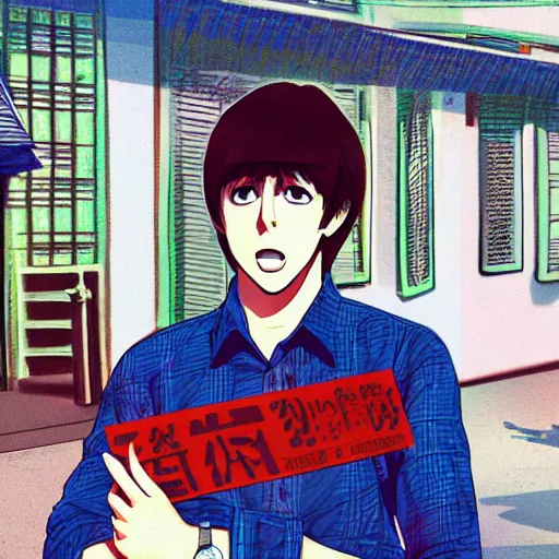 Prompt: anime illustration of young Paul McCartney from the Beatles, wearing a blue and white check shirt, silver sports watch, in front of shophouses in Singapore, relaxing and smiling at camera, white clouds, ufotable