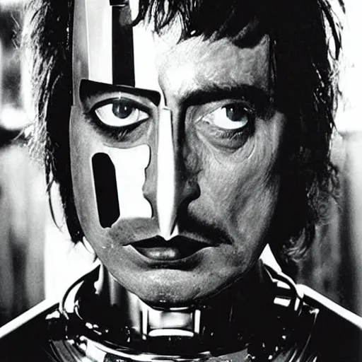 Prompt: a man reflect on robot face, movie still, By Andrzej Zulawski