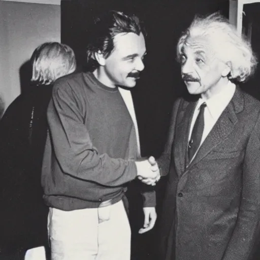 Prompt: old polaroid photo of Albert Einstein meeting Leonardo Dicaprio