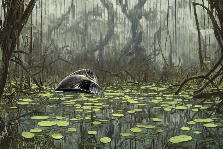 Prompt: scene from louisiana swamps, spaceship sank, hemp garden, true detective, artwork 8 0 s japanese sci - fi books art