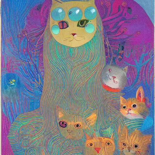 Prompt: bright aquatic inferno forest height longhair cat apple caviar oboe , by Victo Ngai and Leonardo da Vinci and Natalia Goncharova , Mixed media , cluttered , child's drawing