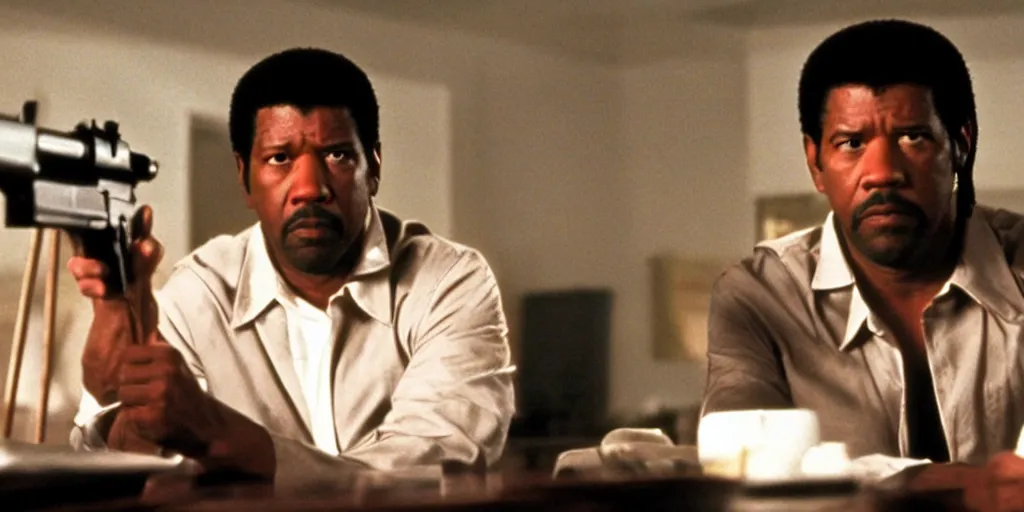 Image similar to Denzel Washington as Jules Winnfield in 'Pulp Fiction 2: The Enemy Within' (2004), movie still frame