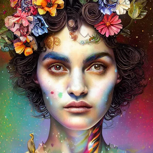 Image similar to Lofi biopunk portrait beautiful woman with short brown curly hair, roman face, unicorn, rainbow, floral, Tristan Eaton, Stanley Artgerm, Tom Bagshaw