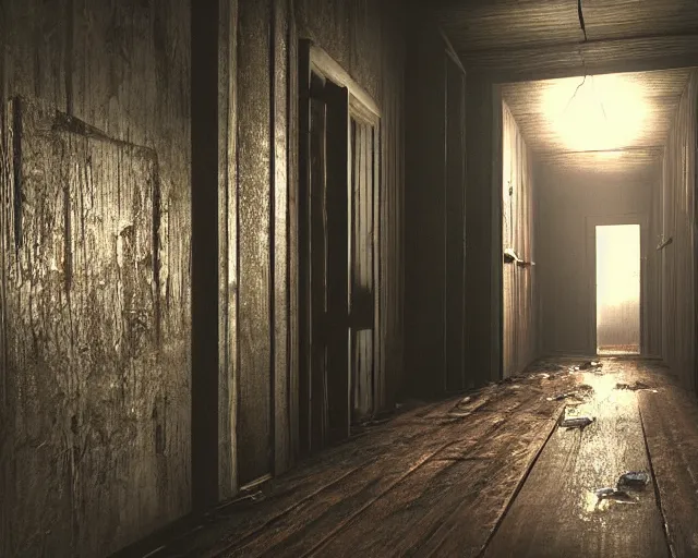 Image similar to Resident Evil 7, American gothic interior, wooden floor, atmospheric, nighttime scene, photorealistic narrow hallway with broken windows, horror