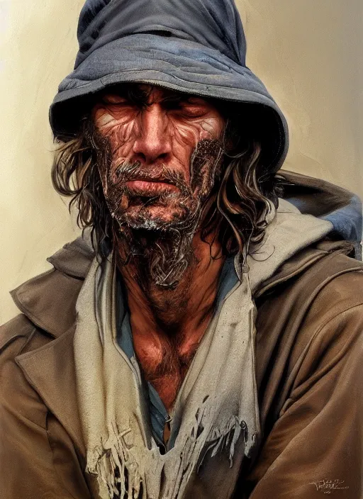 Image similar to a portrait a dirty unwashed homeless man, art by boris vallejo and greg danton and denys tsiperko, detailed, hyperrealism, artstation