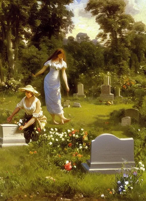 Prompt: artwork painting of a lush environment, a woman is laying flowers by a grave tombstone by eugene von guerard, ivan shishkin, john singer sargent