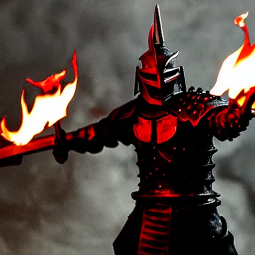 Prompt: photo of a real-life hell knight with a flaming sword