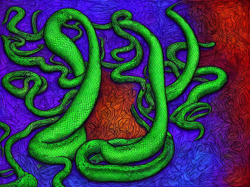 Prompt: A dark room with a large colored snake in the center of it. Fantasy Digital Art.
