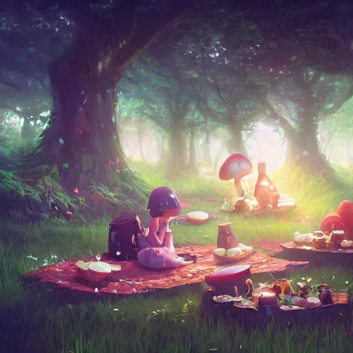 Prompt: a cute picnic in a mushroom forest. dramatic lighting, cgsociety masterpiece, artstation trending, by rossdraws, ghibli, Kimi no Na wa, greg rutkowski, 4k, digital art, concept art, trending on artstation