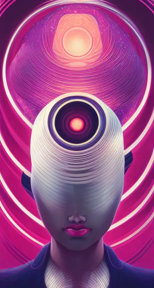 Image similar to art deco close up portait of head surrounded by spheres, digital painting curvalinear clothing cinematic dramatic fluid lines otherworldly vaporwave interesting details epic composition by artgerm