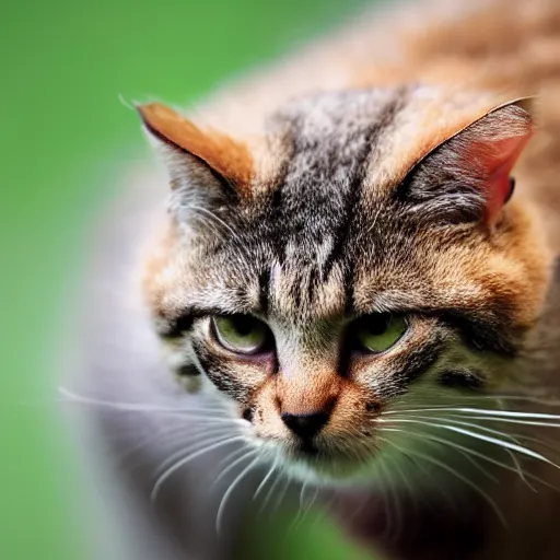 Image similar to a small domestic housecat with a fruiting mushroom growing atop its head