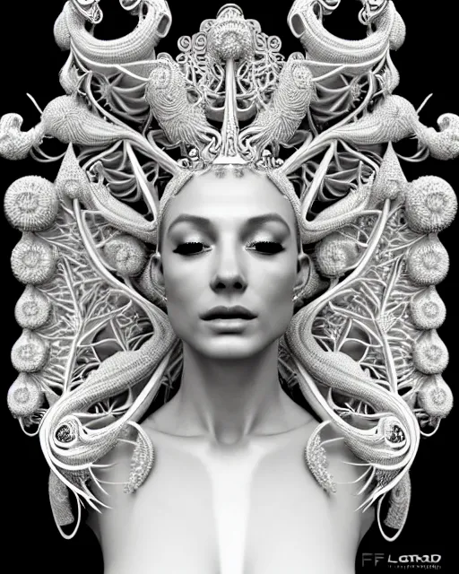Prompt: bw 3 d render of a beautiful female queen - cyborg - vegetal, dressed in long elegant intricate ornamental white dress, intricate fractal ornament in the bust with a very long neck, elegant, highly detailed intricate baroque ornament in her blond long hair, realistic, refined, highly detailed, cinematic outdoor lighting, fine art photography by flora borsi, volumetric lighting, hyper realistic photography